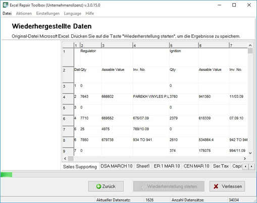 Exportieren der wiederhergestellten Information in Microsoft Excel