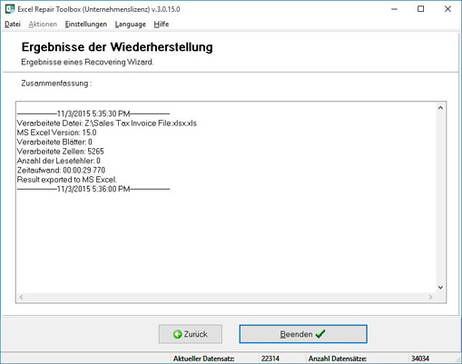 Einsehen der exportierten Information