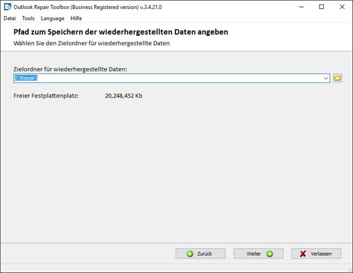 Speicherungsverfahren für die wiederhergestellten Microsoft Outlook Daten auswählen