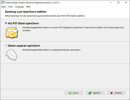 Speichern der wiederhergestellten Microsoft Outlook Information
