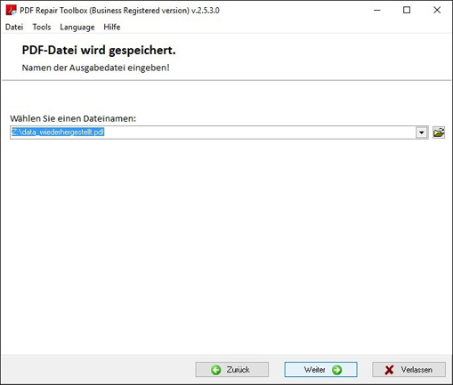 Auswahl des Namens der neuen *.pdf Datei, in welcher die wiederhergestellten Daten gespeichert werden