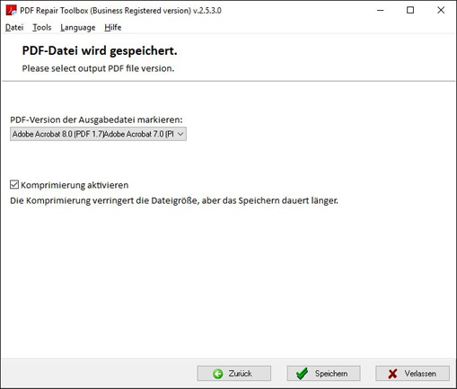 Auswahl der Version des *.pdf-Formats für das gespeicherte Dokument
