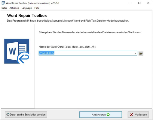 Auswahl einer Quelle *.doc, *.docx, *.RTF-Datei für die weitere Verarbeitung