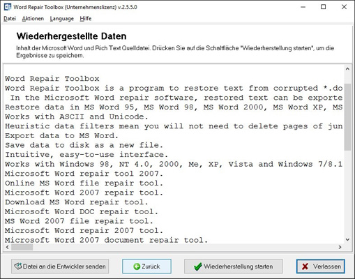 Vorschau eines wiederhergestellten Textes aus der Quelldatei