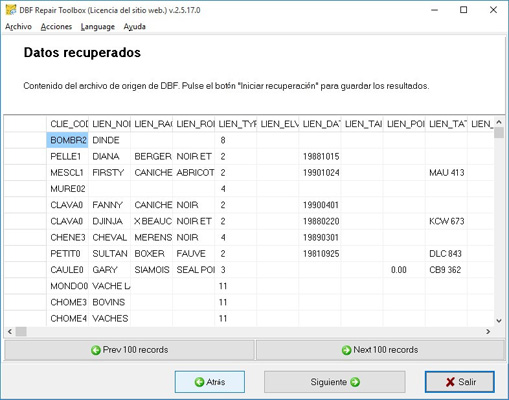 Inicio del proceso de análisis del archivo *.dbf, revisión del contenido y la estructura de los datos recuperados