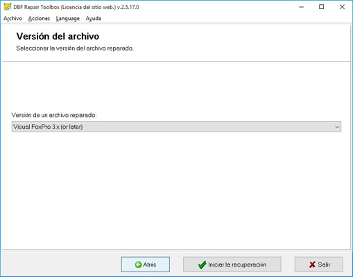 La selección de la versión del archivo .dbf * Salida
