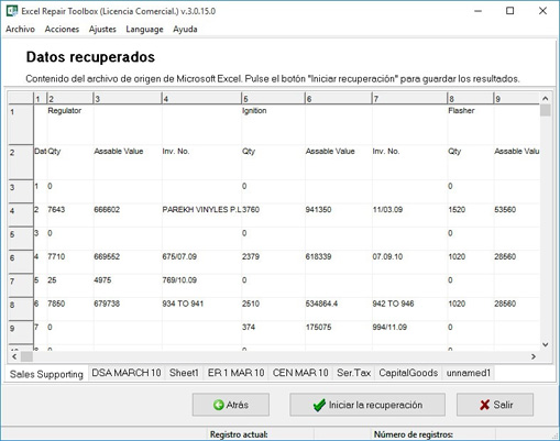 Visualización de la información que recuperó al reparar fichero xls