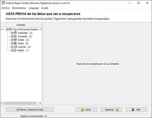 Seleccionando la ubicación para guardar los datos recuperados de Microsoft Outlook