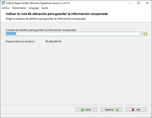 Seleccionando el método para guardar los datos recuperados de Microsoft Outlook