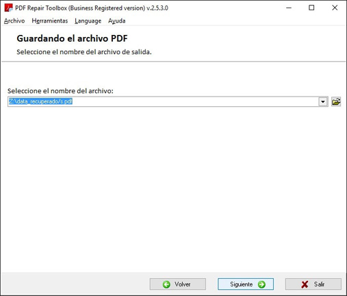 Selección del nombre del archivo *.pdf para guardar la información recuperada