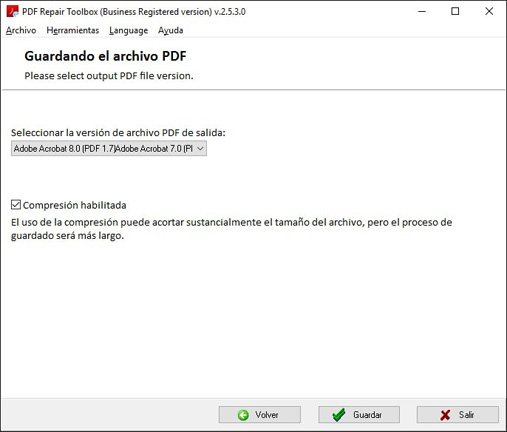 Selección de la versión del formato *.pdf del documento guardado