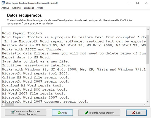 Visualizando la información recuperada desde el documento o plantilla dañada de Microsoft Word